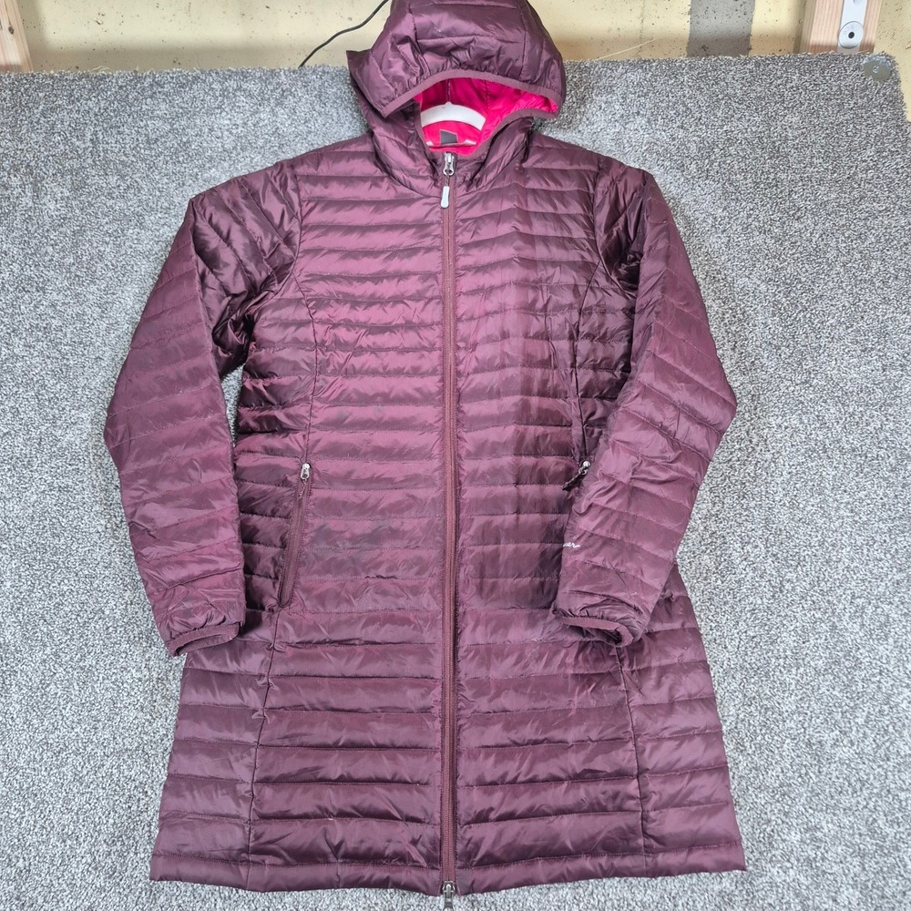 Eddie Bauer EB700 Down Puffer Jacket‎ Womens Small Maroon Hooded Long